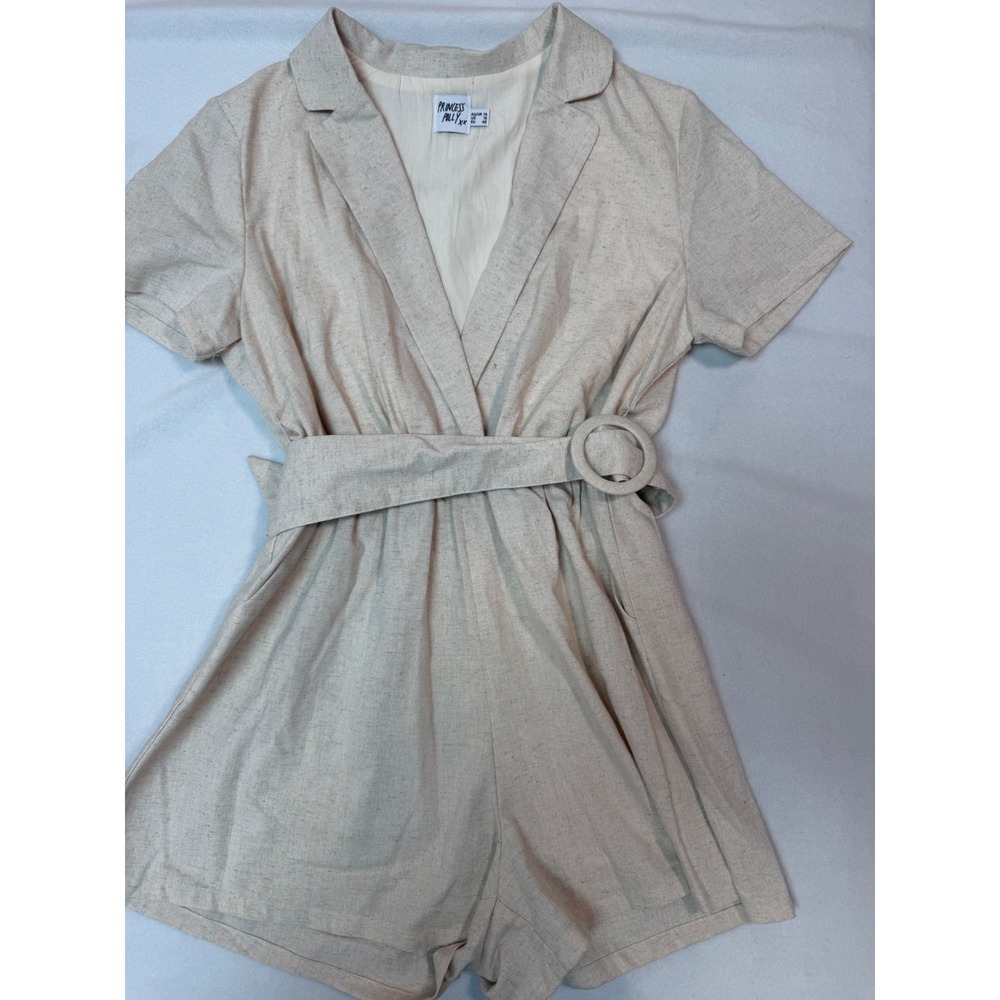 Princess Polly Womens Short Sleeve Belted Romper Oatmeal Beige Size 10